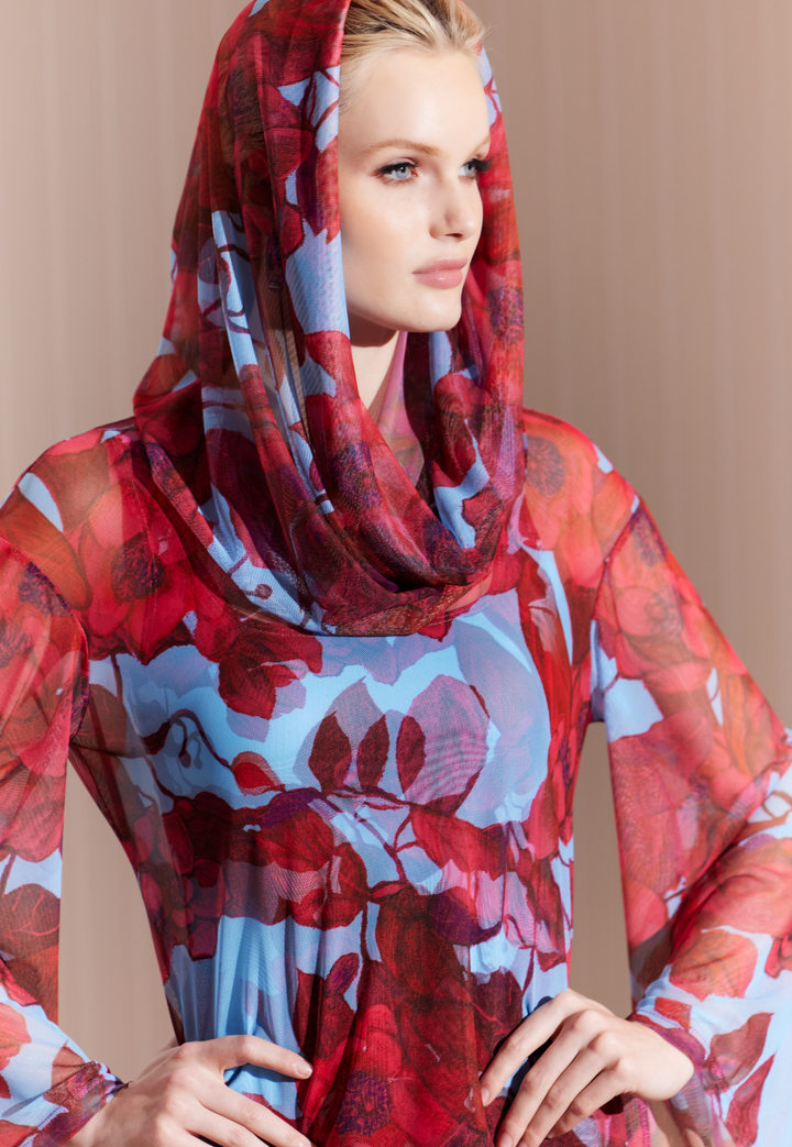 Karla red floral sheer mesh hoodie over matching stretch knit dress