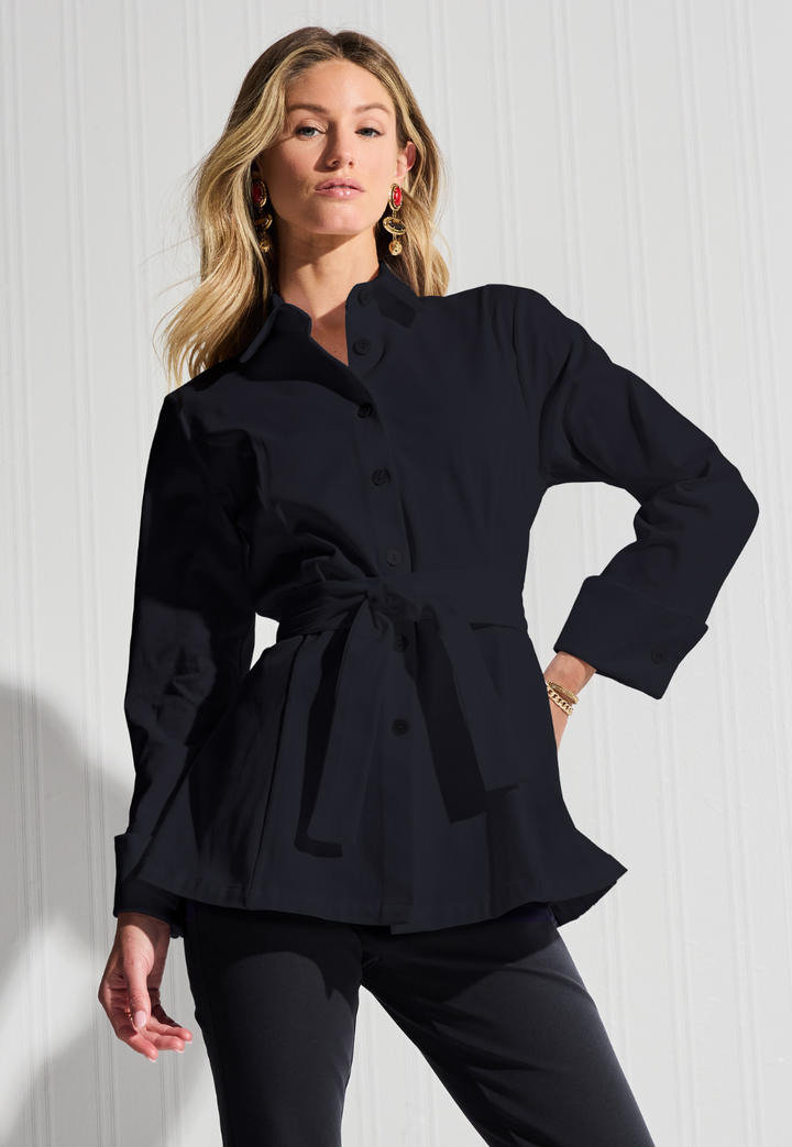 Woman wearing Keaton black Italian stretch cotton blouse with a self-tie waist belt