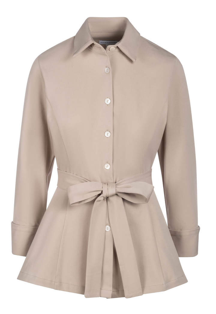 Keaton Italian cotton button-down blouse in Khaki with shirt collar and self-tie belt