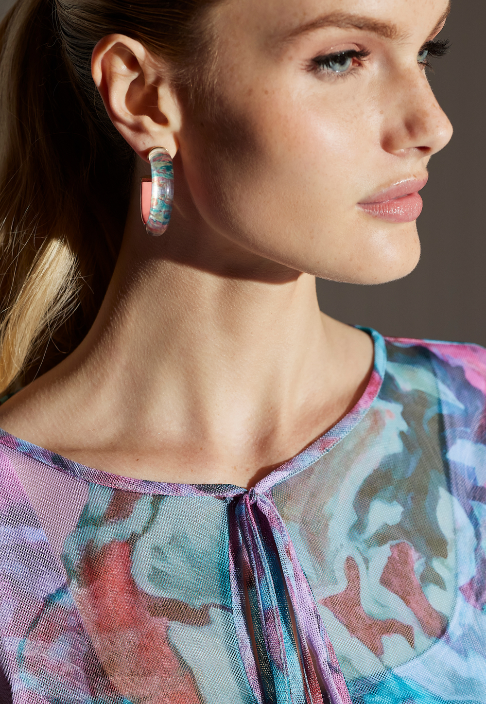 Kira sheer mesh kaftan featuring Ala's pink floral artwork