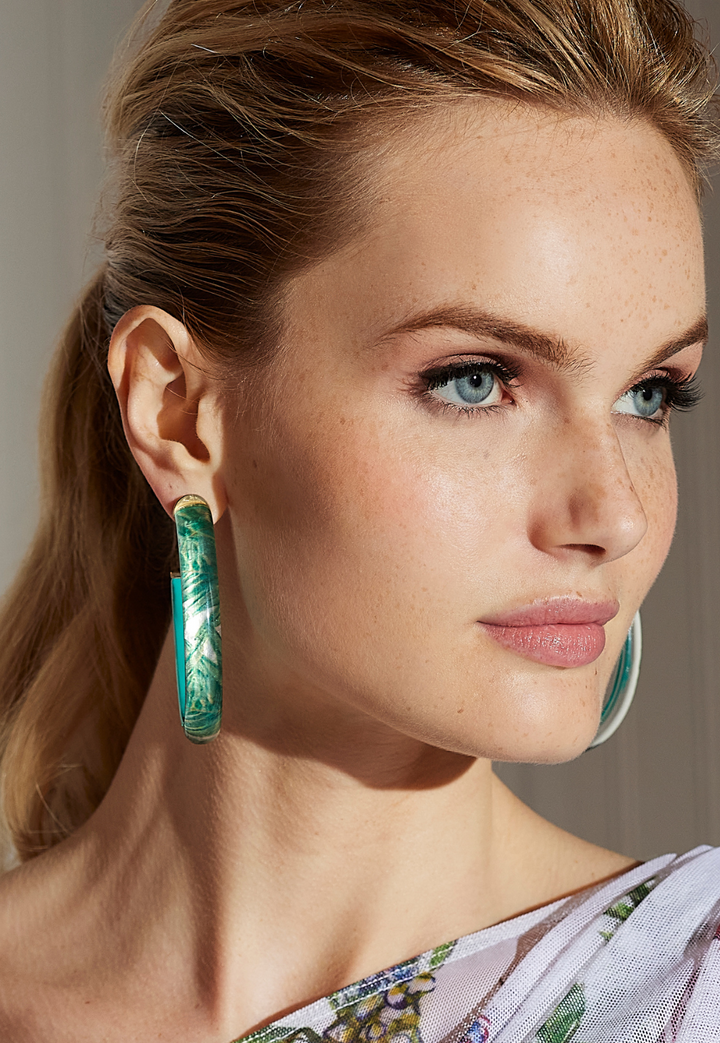 Large green palm print Lucite hoop earrings in Queen Palm