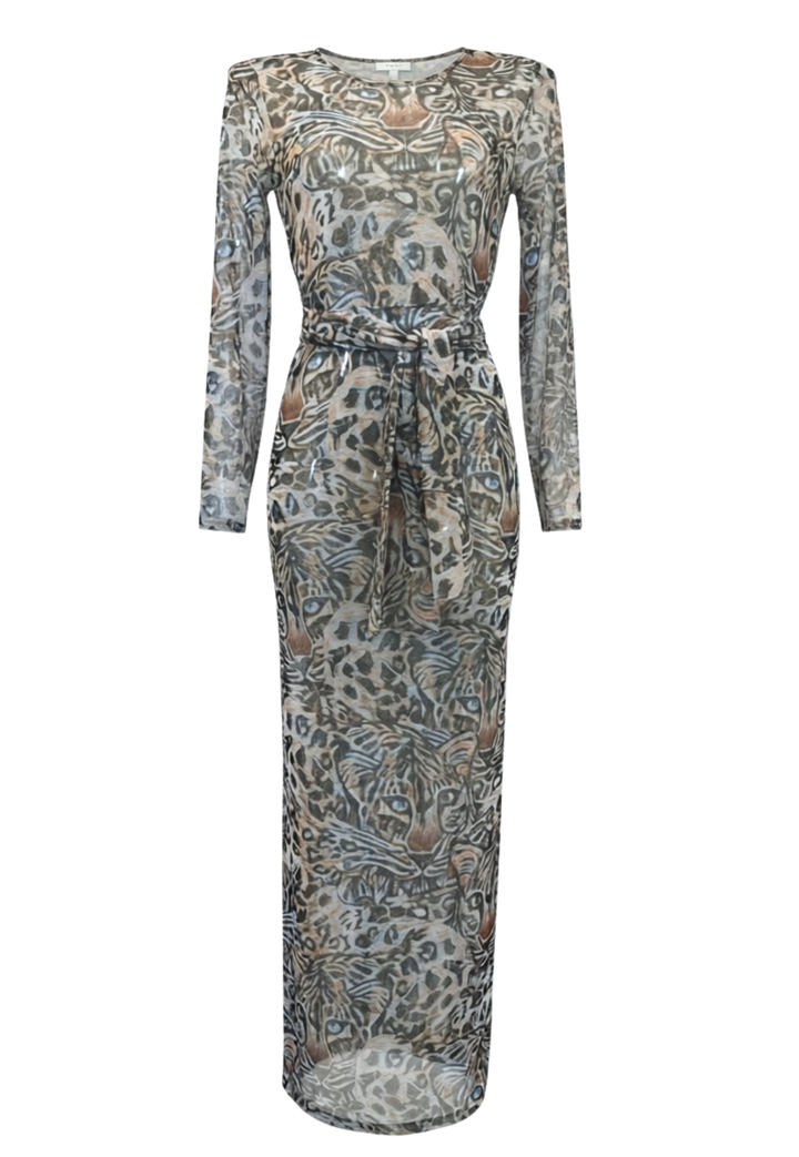 Loren Snow Leopard wrap dress styled as a sheer layer