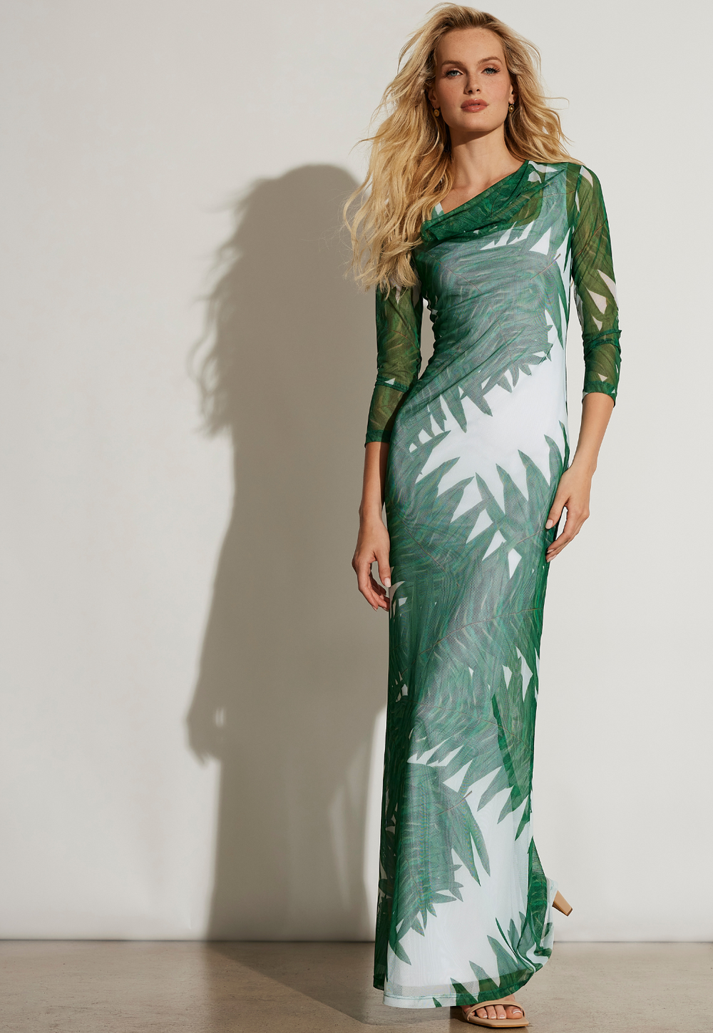 Louise Queen Palm long sleeve sheer mesh dress with green tropical palm print