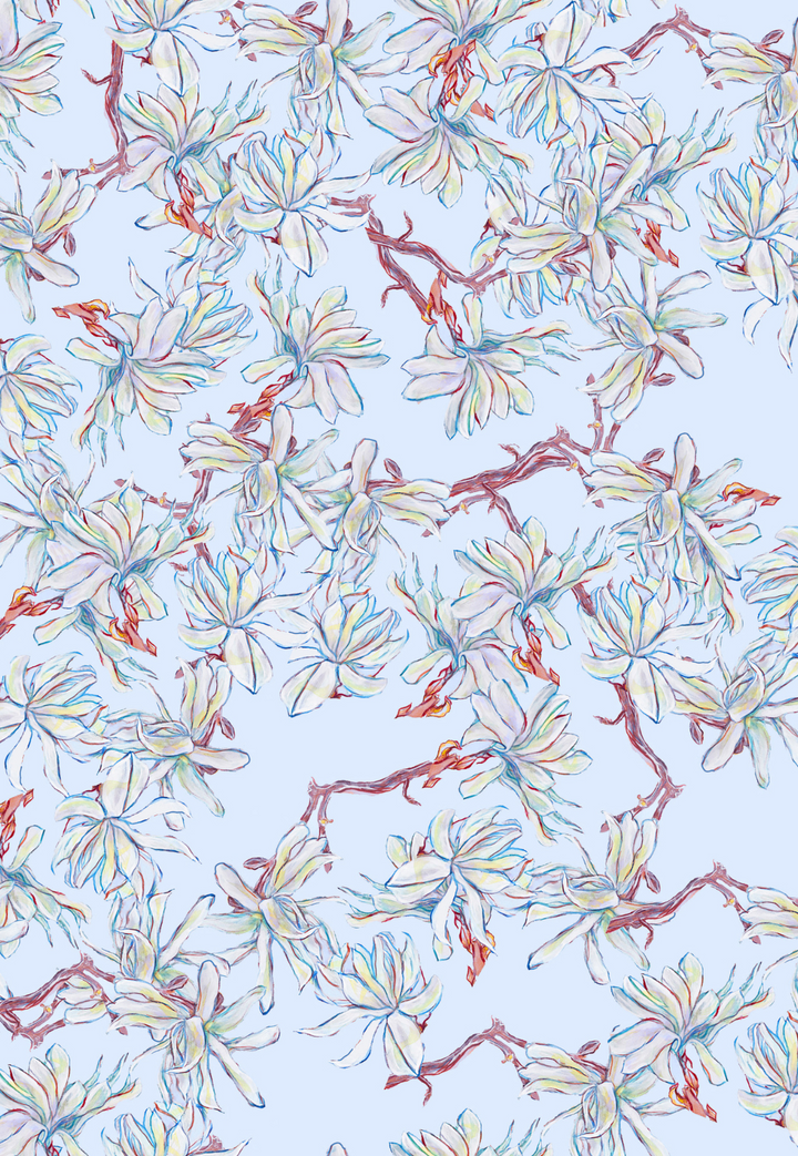 Magnolia blue and white floral print painted by Ala von Auersperg