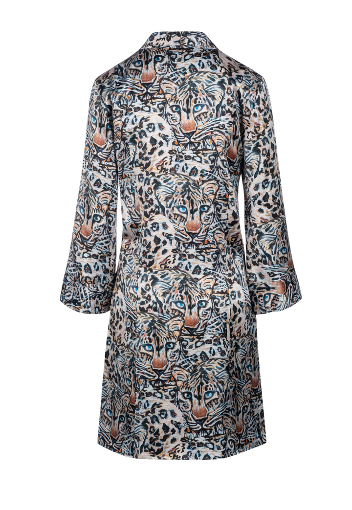 Margaux belted Snow Leopard silk robe by Ala von Auersperg