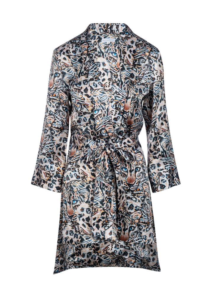 Margaux belted Snow Leopard silk robe by Ala von Auersperg