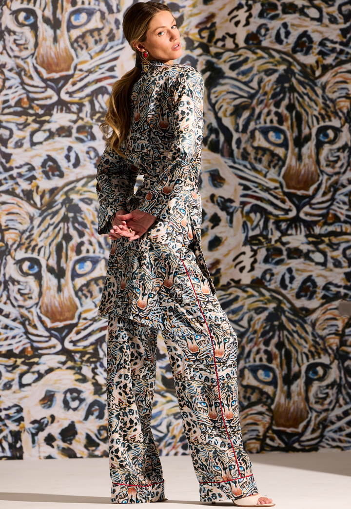 Margaux silk kimono with statement cuffs in Snow Leopard