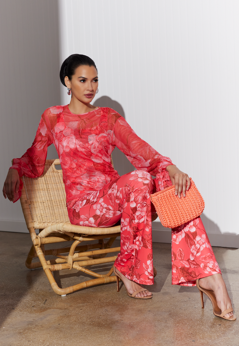 Markie bright red floral sheer mesh T-shirt with matching tank and pants
