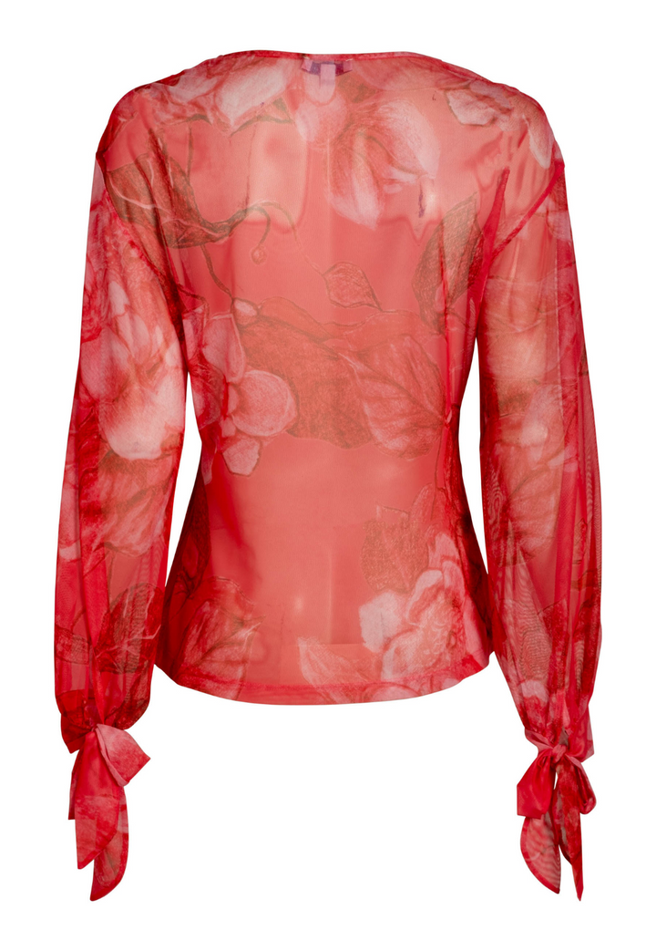 Markie bright red floral sheer mesh T-shirt
