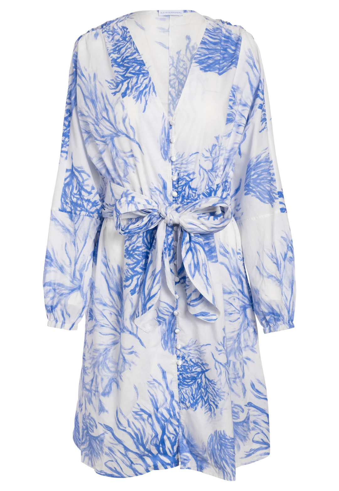 Marlo blue and white nautical cotton dress with button front and dolman sleeves
