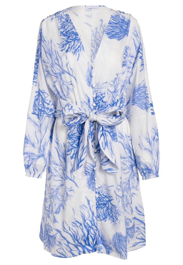 Marlo blue and white nautical cotton dress with button front and dolman sleeves