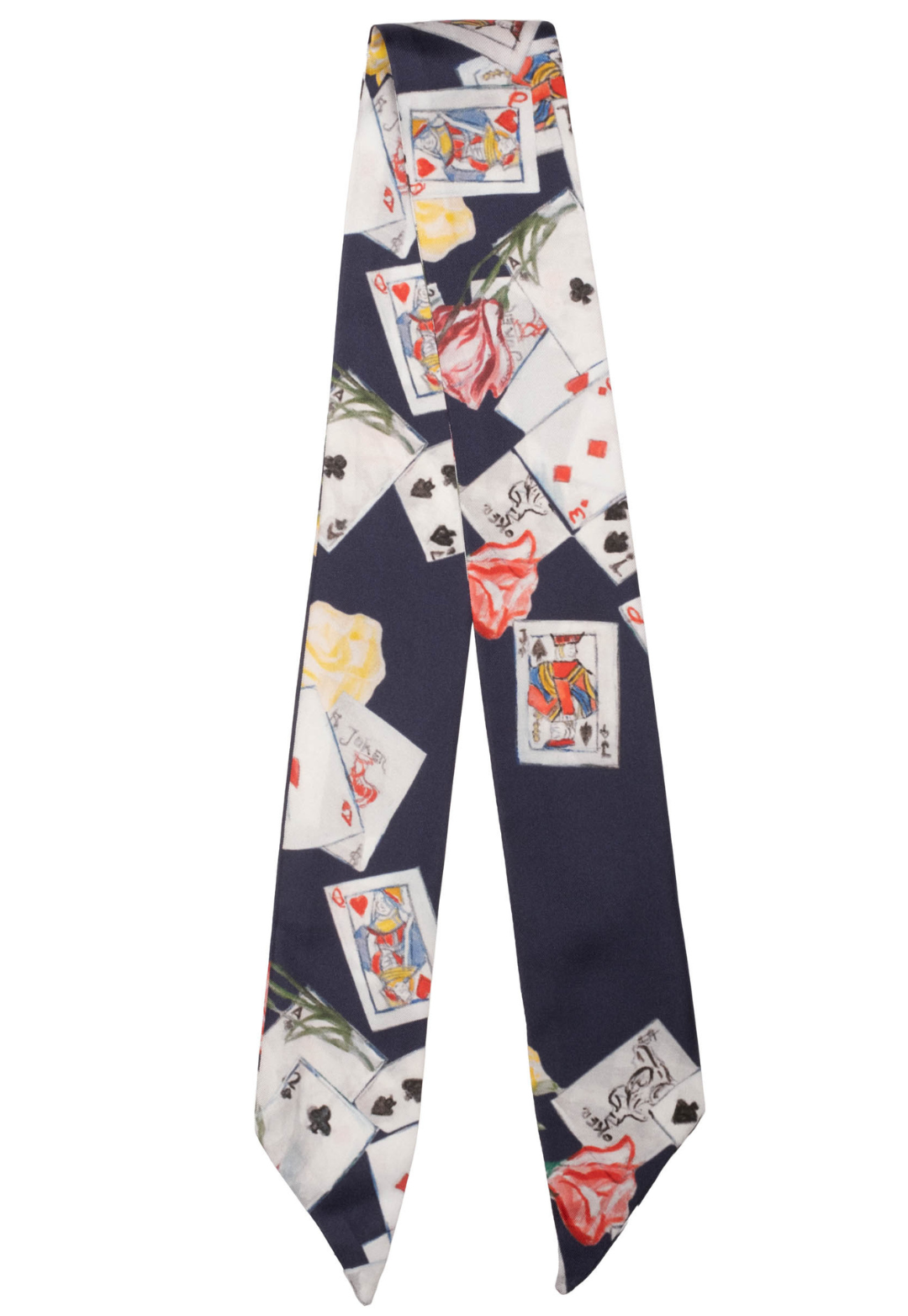 Narrow silk foulard scarf in Dealer's Choice card print