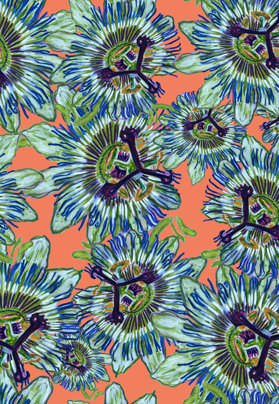 Orange Passion Flower print with blue and green flowers on an orange background