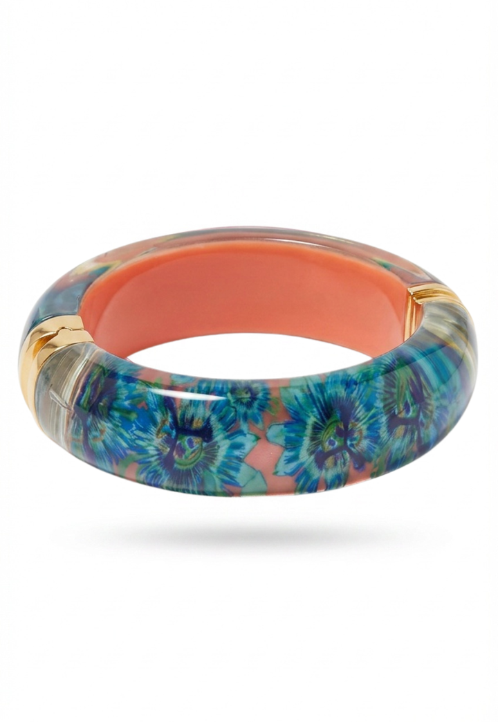Orange Passion Flower floral lucite bangle bracelet with gold accents