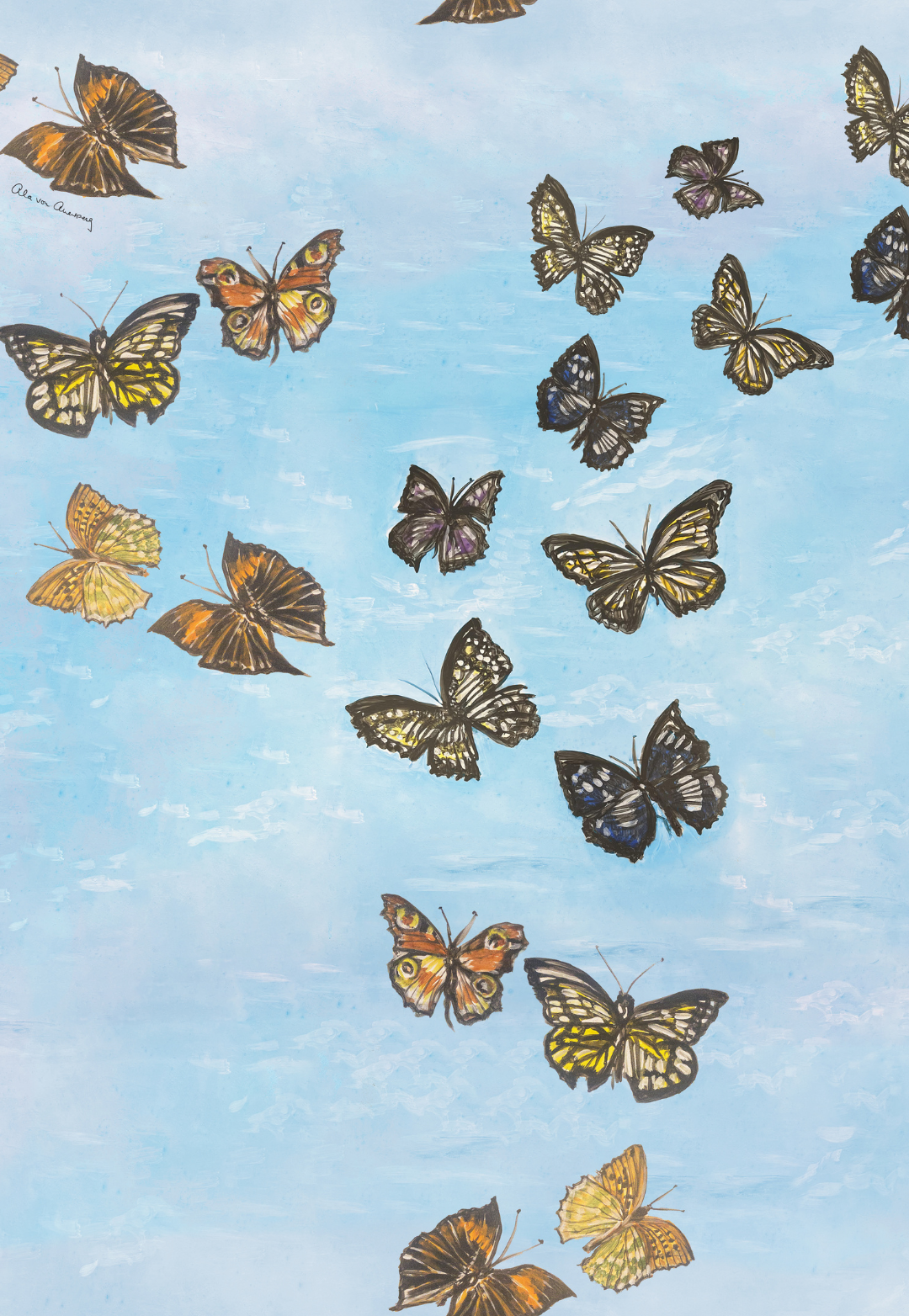 Papillon blue butterfly print on a blue background painted by Ala von Auersperg