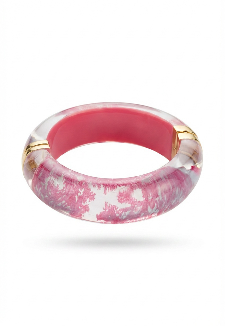 Pink Coral lucite bangle bracelet with gold accents