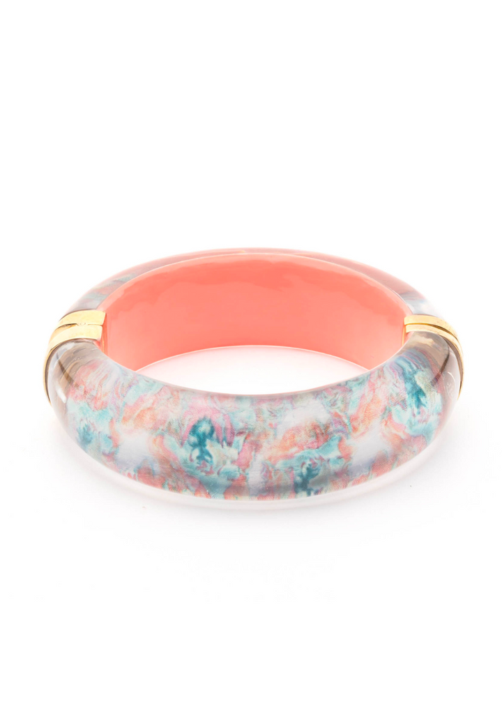 Pink floral Lucite bangle bracelet in Daiquiri with solid pink interior