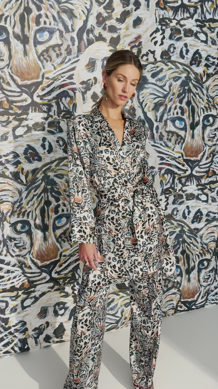 Margaux Silk Kimono in Snow Leopard