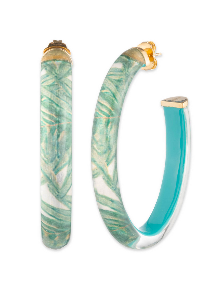 Queen Palm green palm print Lucite large hoop earrings with 14K gold plating
