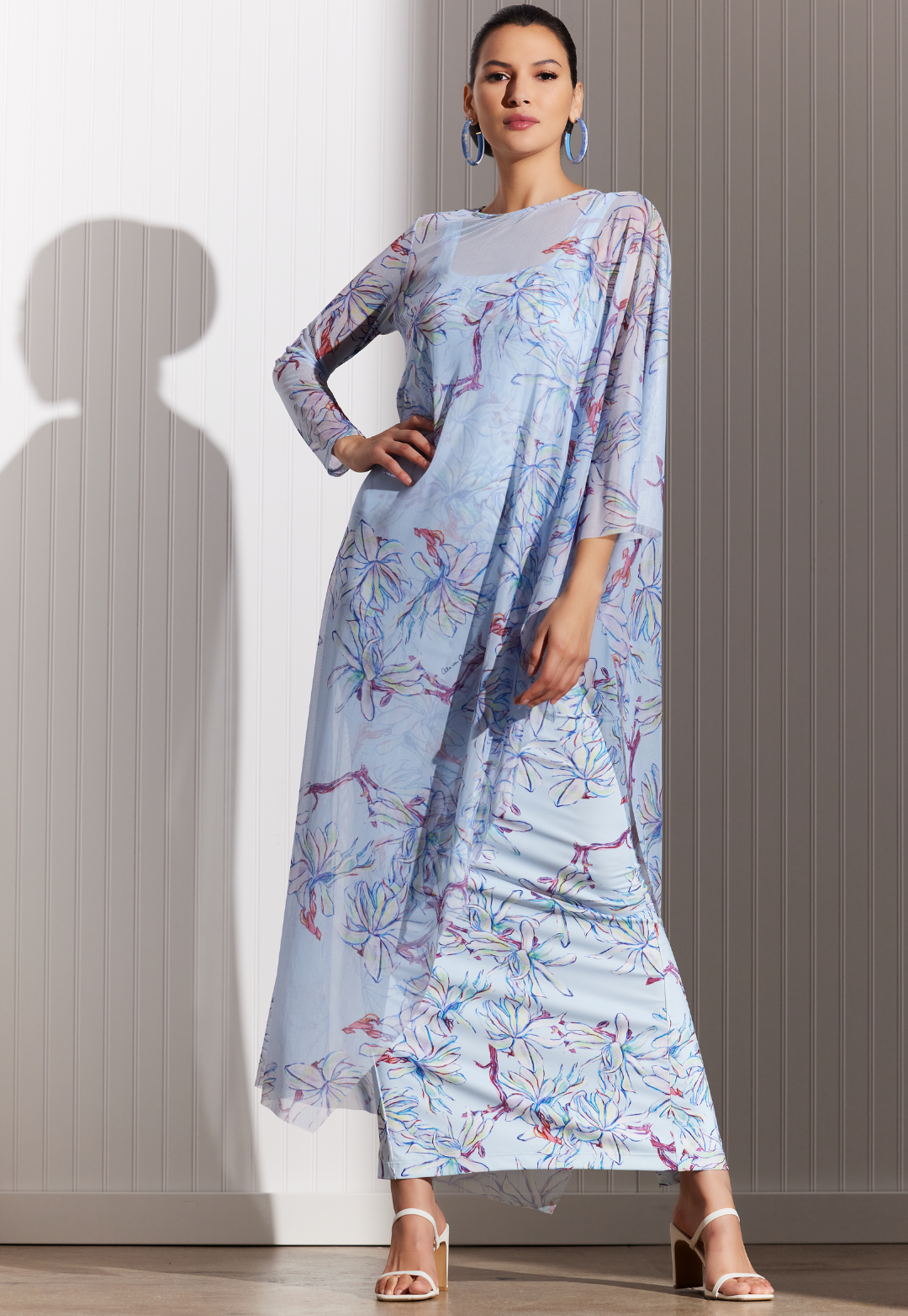 Rachel blue floral sheer mesh poncho over matching maxi dress