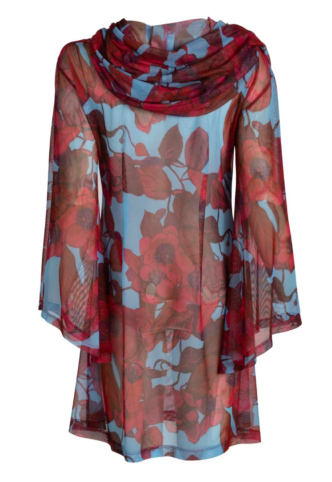 Red floral sheer mesh hooded cover-up by Ala von Auersperg