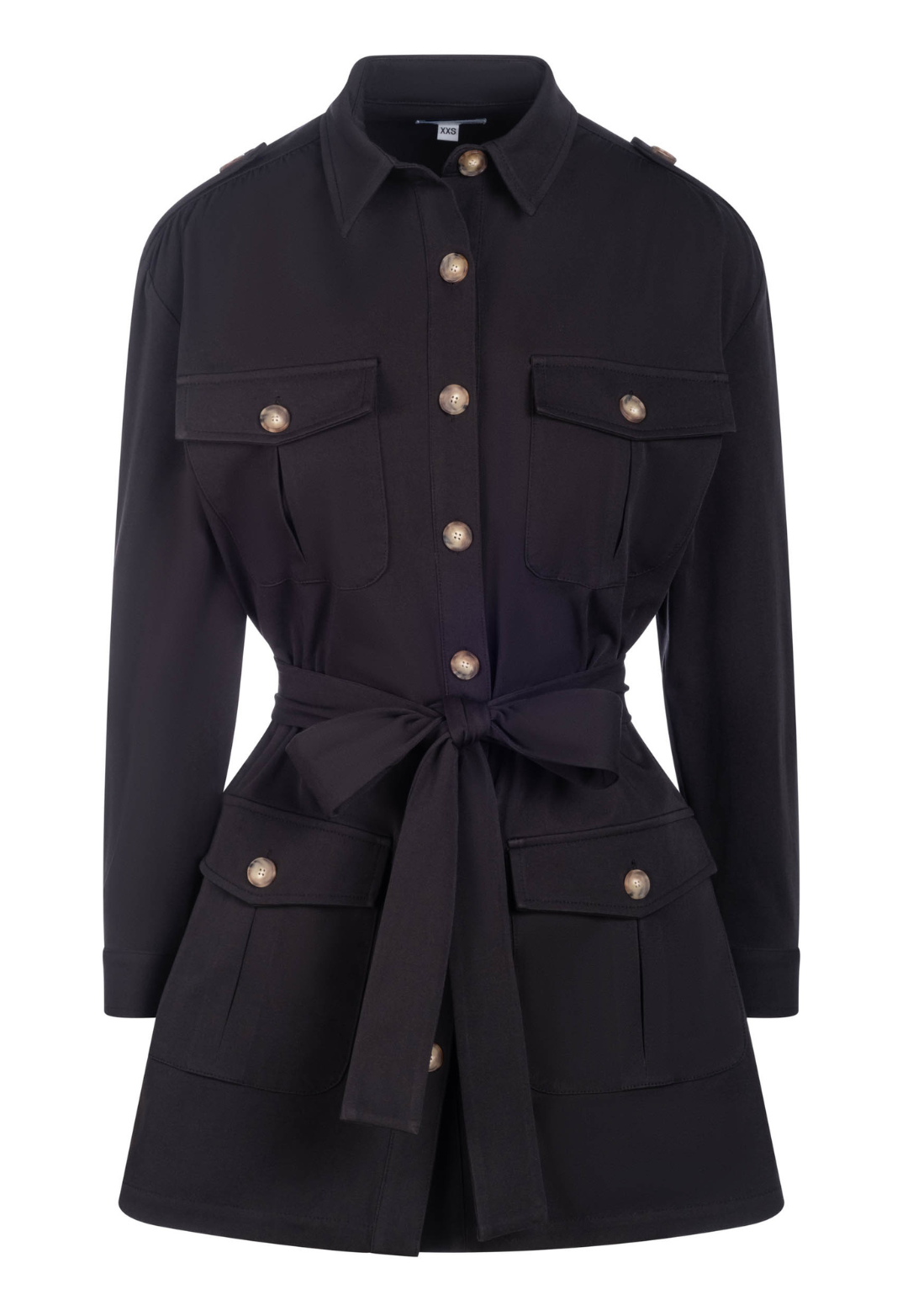 Rhea black safari jacket with self-tie belt