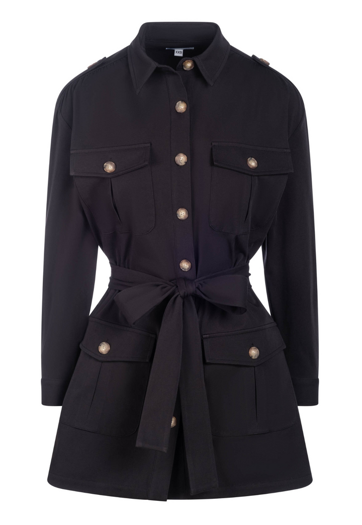 Rhea black safari jacket with self-tie belt
