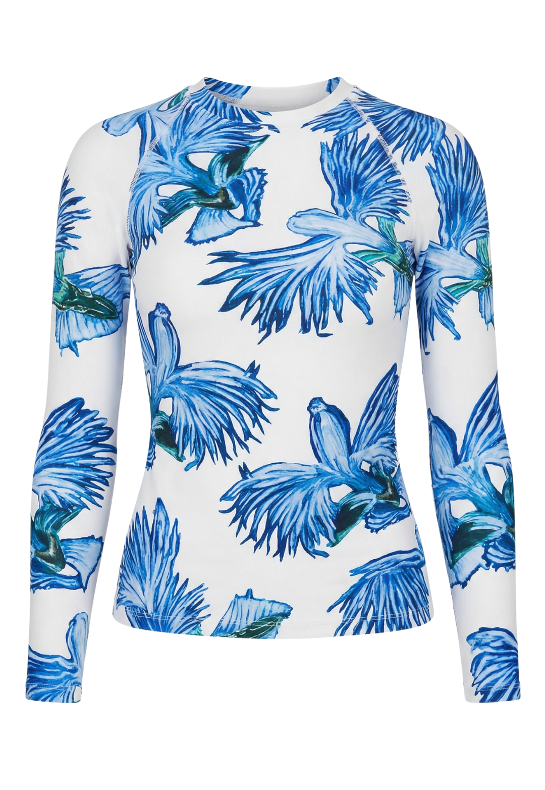 Rina long-sleeve swim top in Blue Orchid floral print