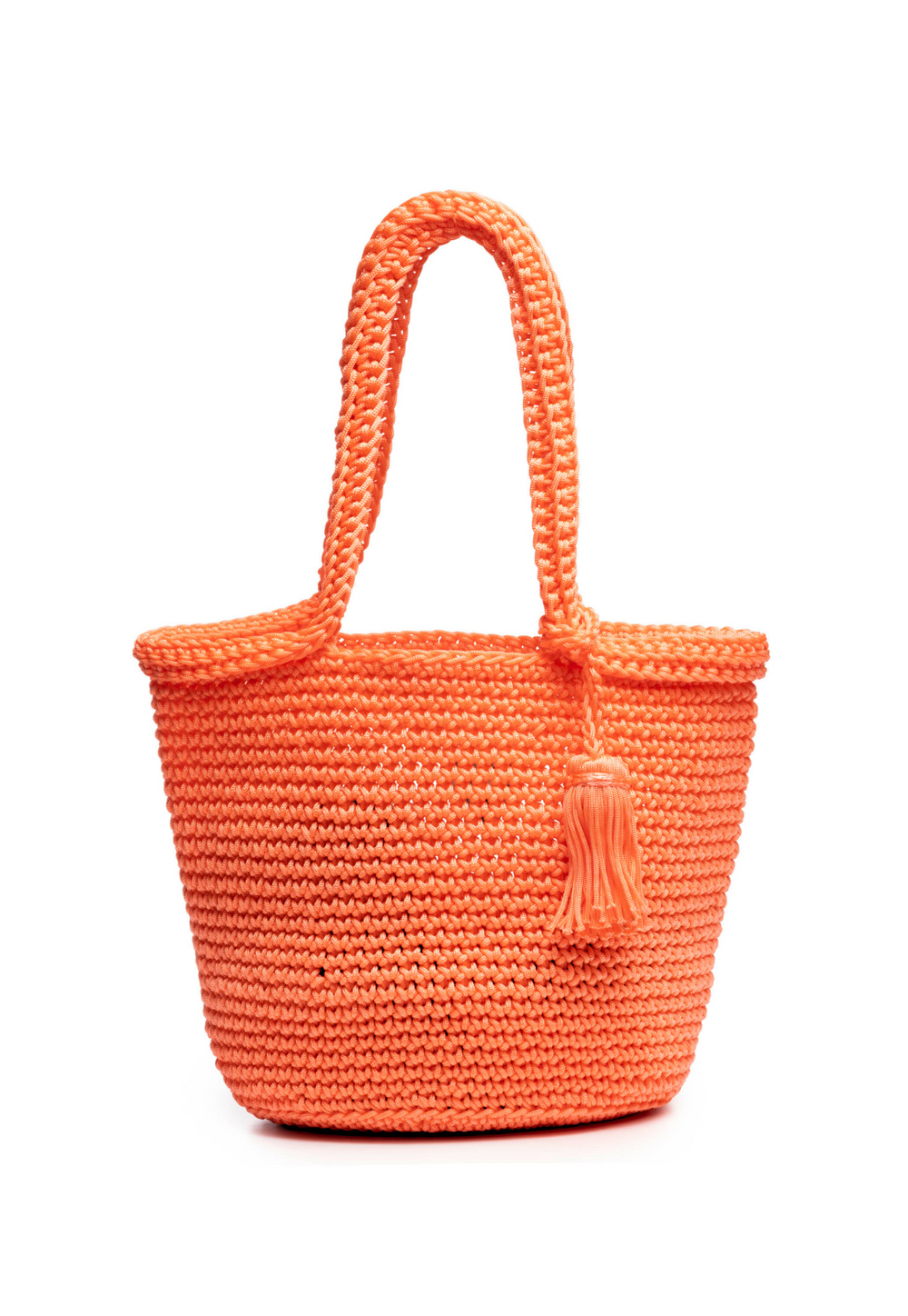Rio oversized crochet bucket bag in Coral with soft structure and tassel