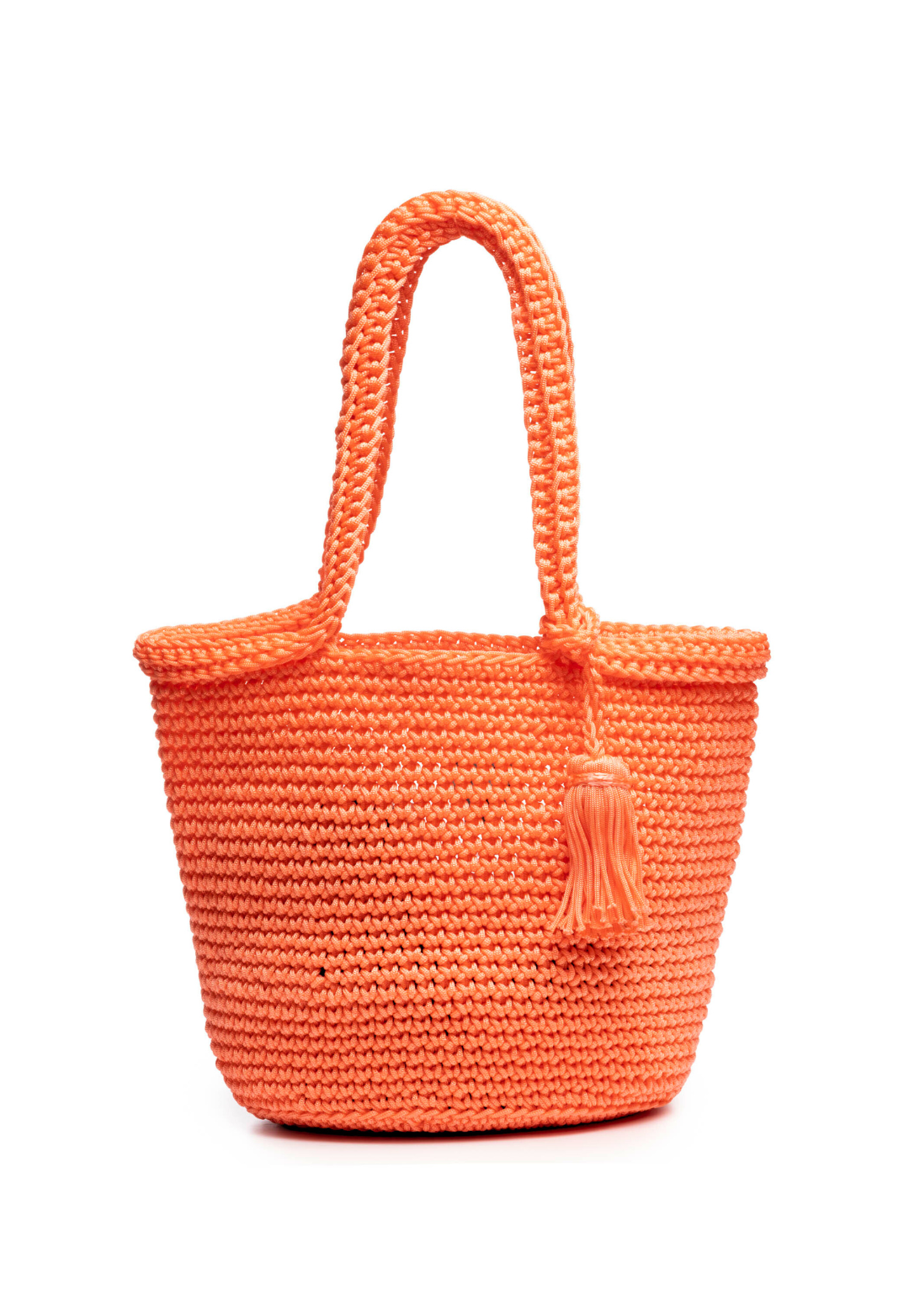 Rio oversized crochet bucket bag in Coral with soft structure and tassel