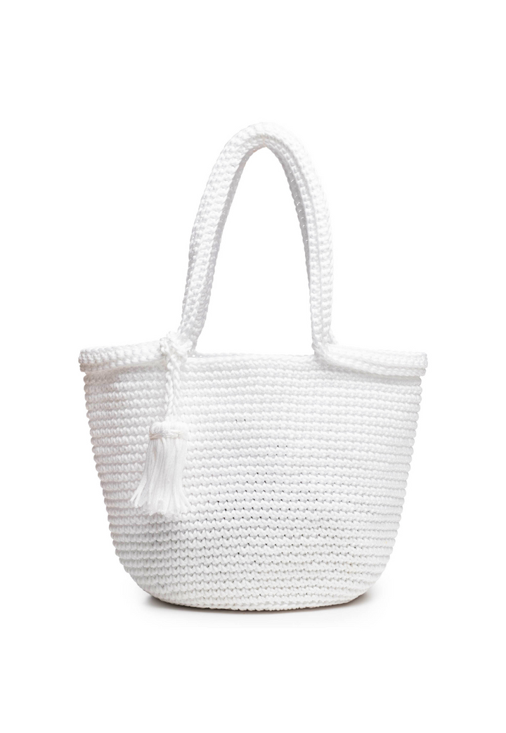 Rio large crochet bucket handbag in Optic White with decorative tassel