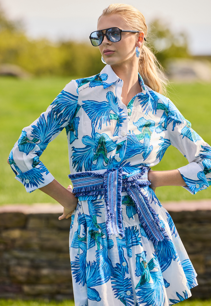 Sally blue floral cotton dress in Blue Orchid with matching sash