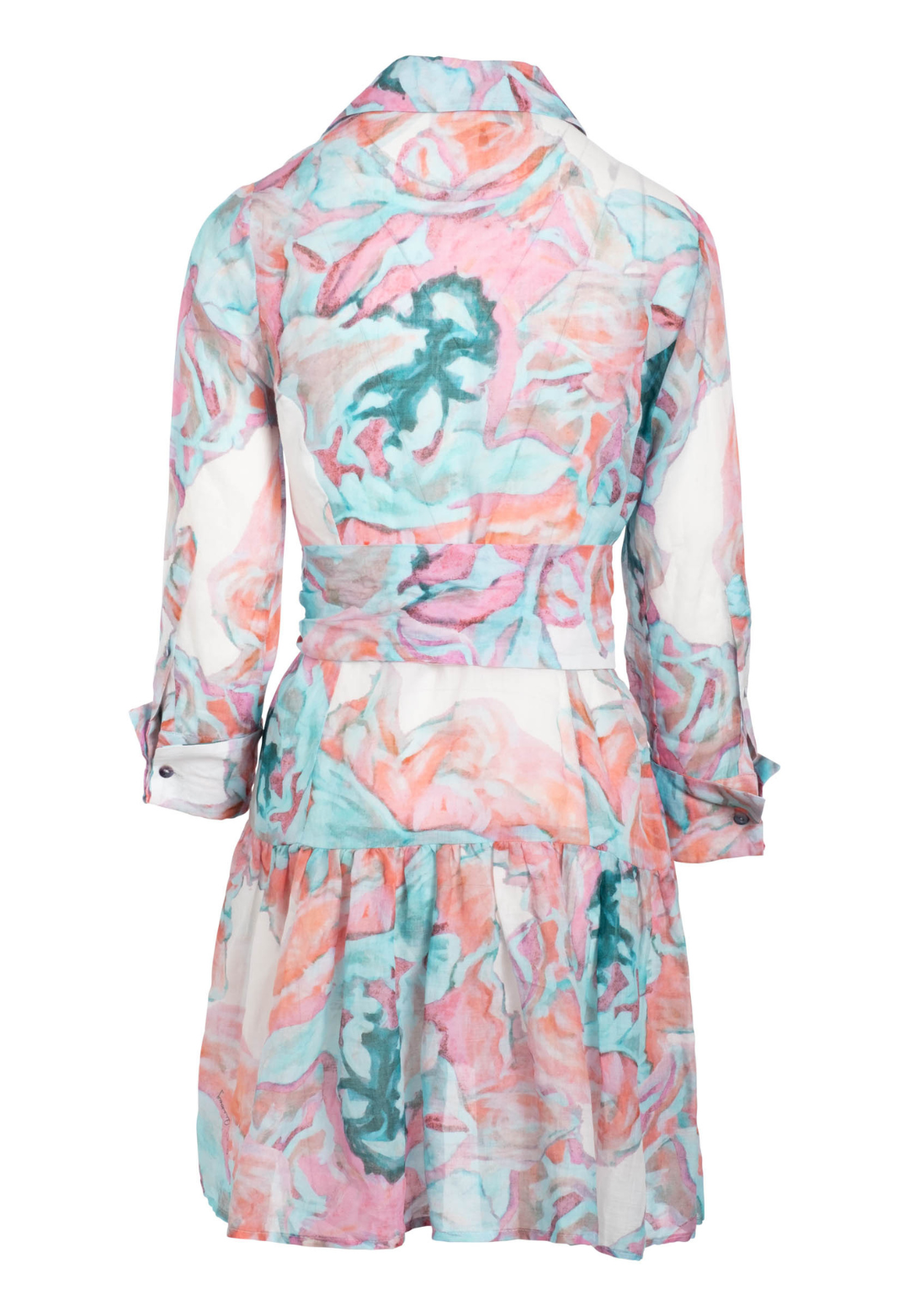 Sally pink floral cotton dress with French cuffs and ruffle hem