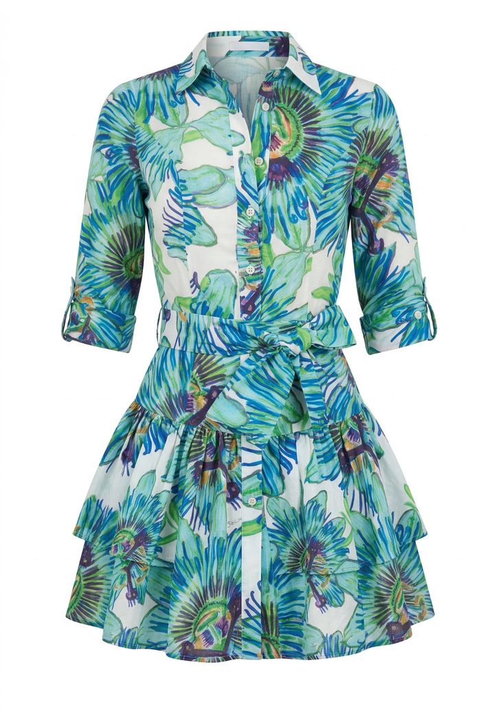 Sally cotton voile mini dress in White Passion Flower with ruffle hem