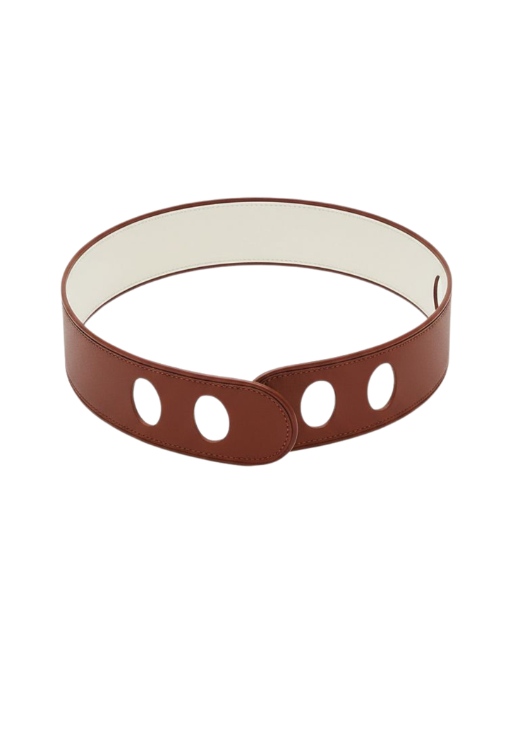 Sculptural brown leather belt with circular cutout details