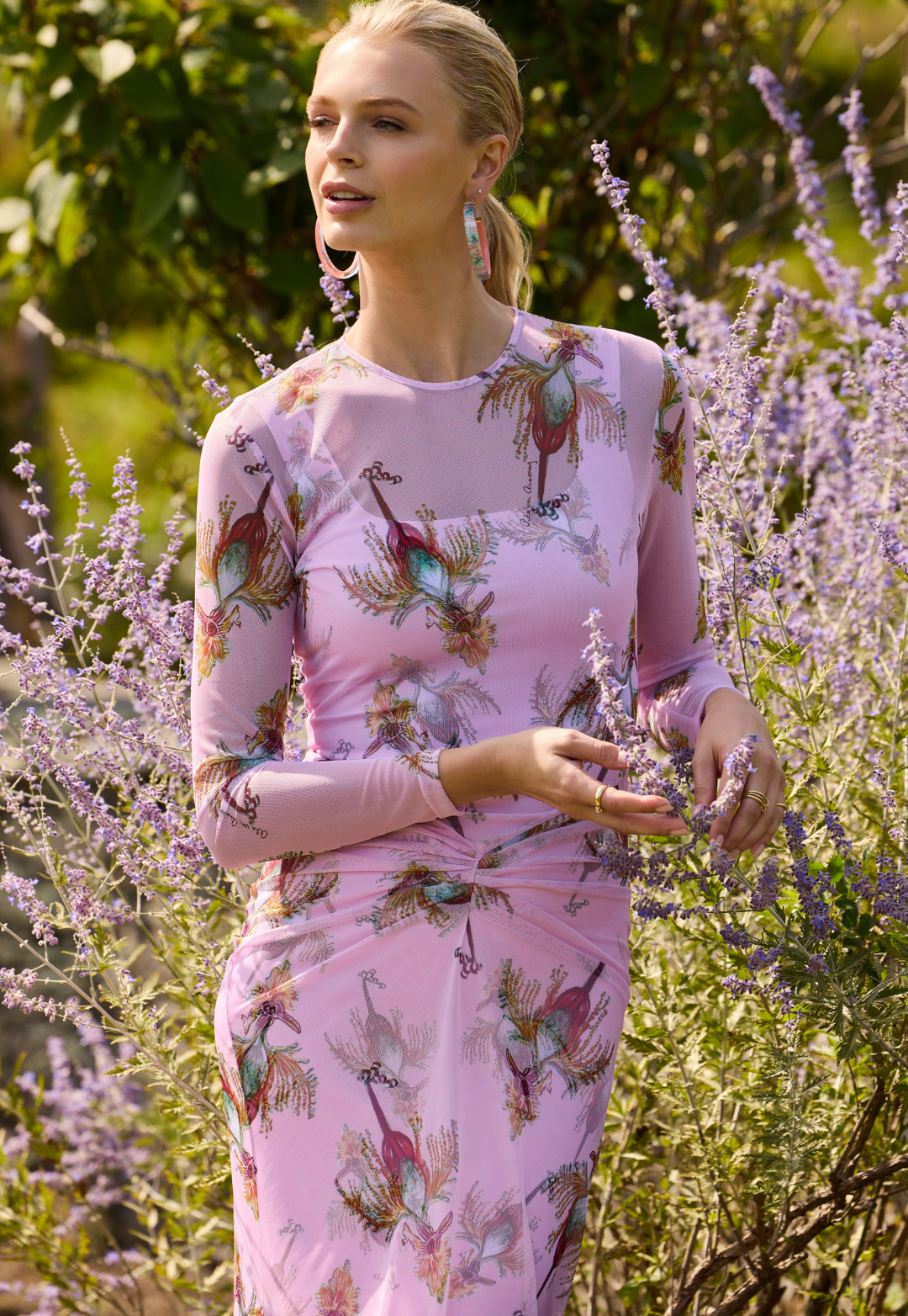 Shasta bird print sheer mesh dress in Cuckoo Birds