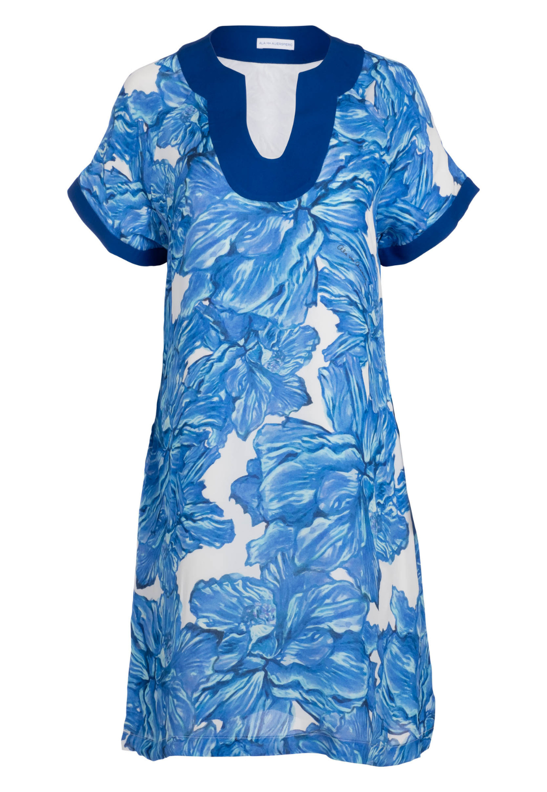 Shelly Tahitian Hibiscus silk mini dress with contrasting royal blue trim, front view