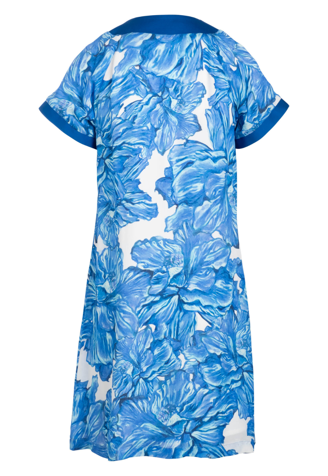 Shelly blue floral silk mini dress with royal blue trim, flat lay