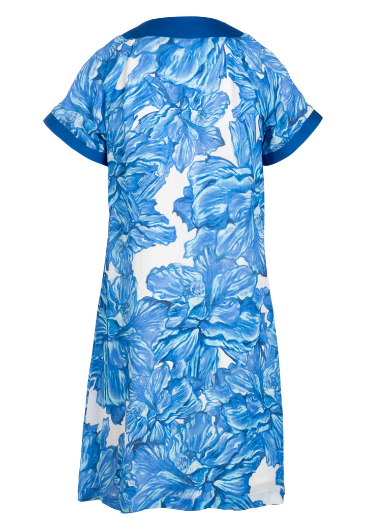Shelly blue floral silk mini dress with royal blue trim, flat lay