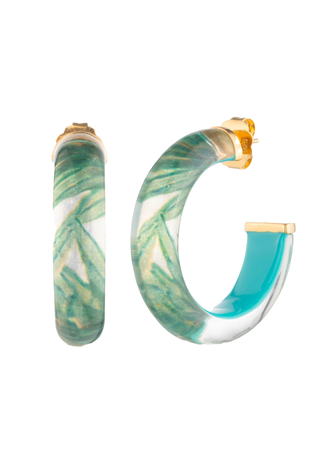 Small Queen Palm green palm print Lucite hoop earrings with 14K gold plating