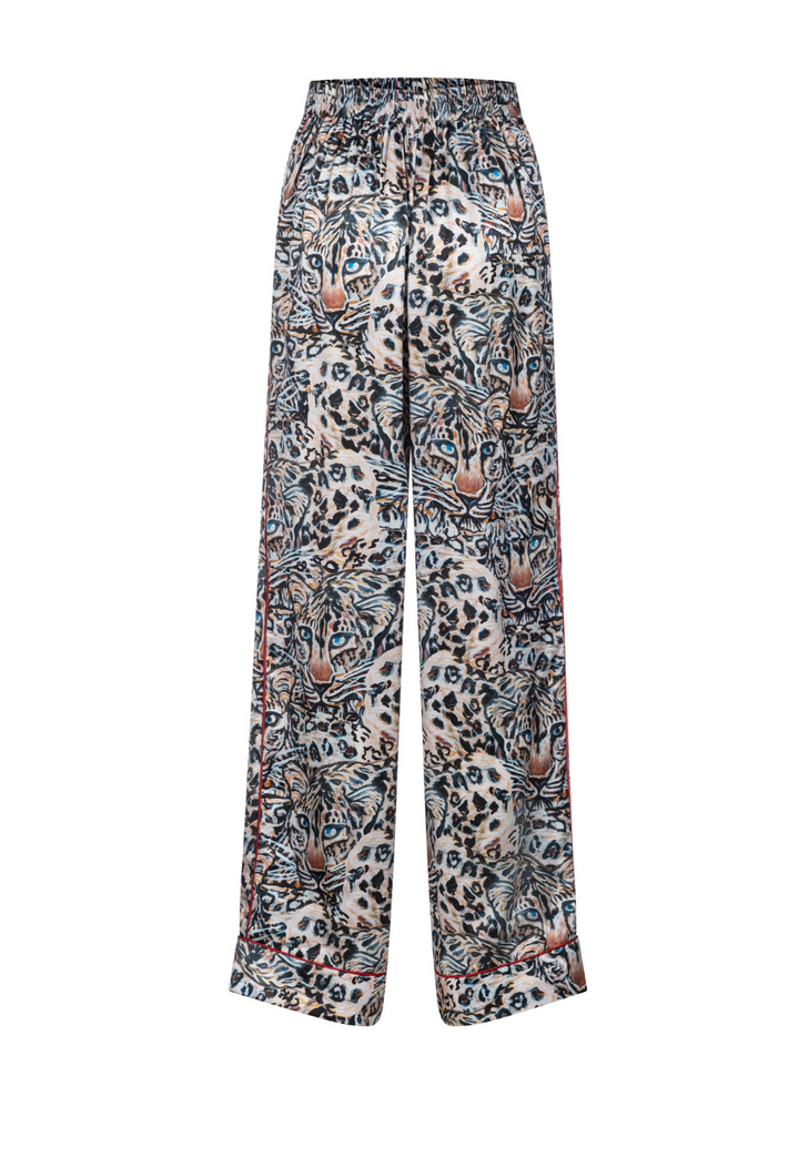 Snow Leopard silk charmeuse pants by Ala von Auersperg