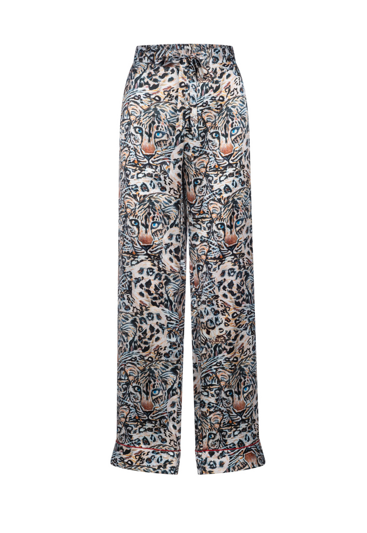 Snow Leopard silk charmeuse pants by Ala von Auersperg