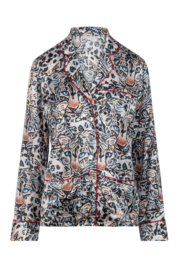 Snow Leopard silk pajama top with red piping