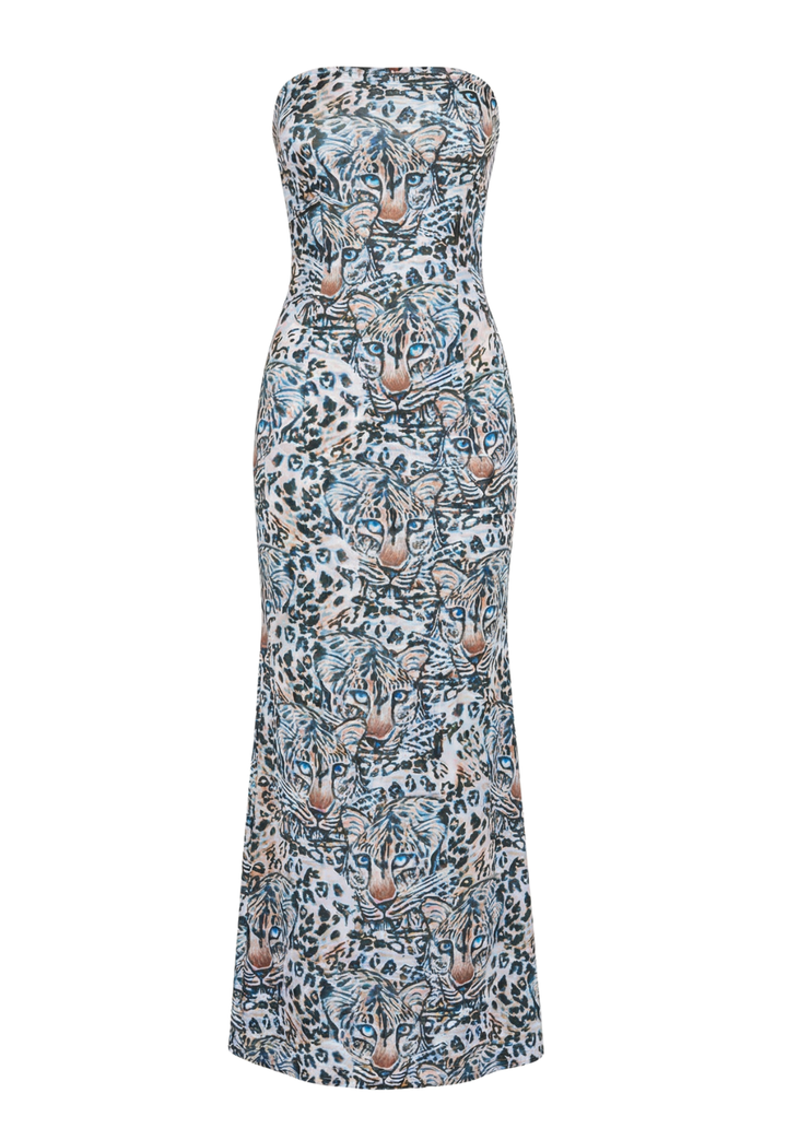 Snow Leopard strapless maxi dress by Ala von Auersperg