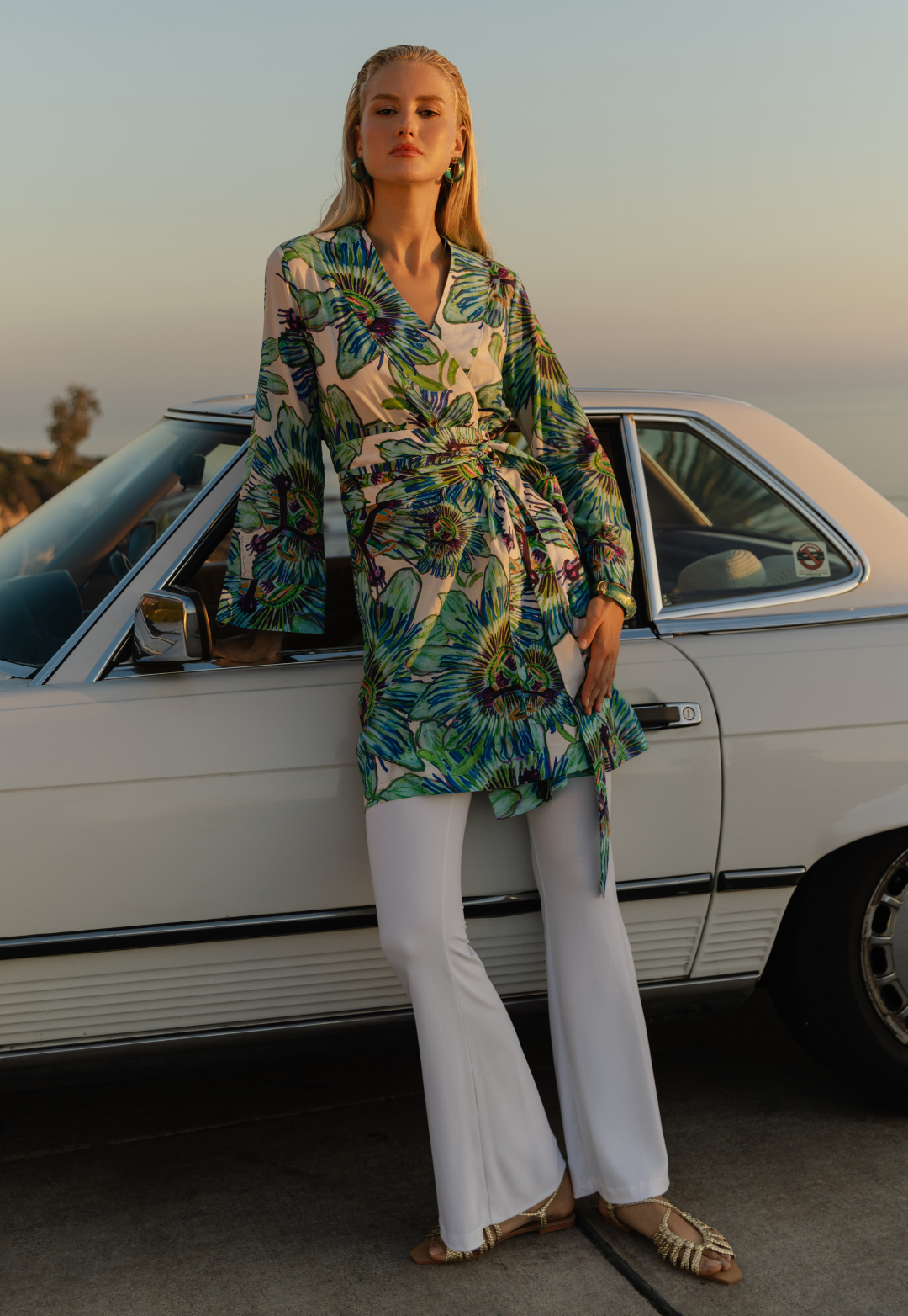 Sora floral cotton kimono in White Passion Flower styled with matching separates