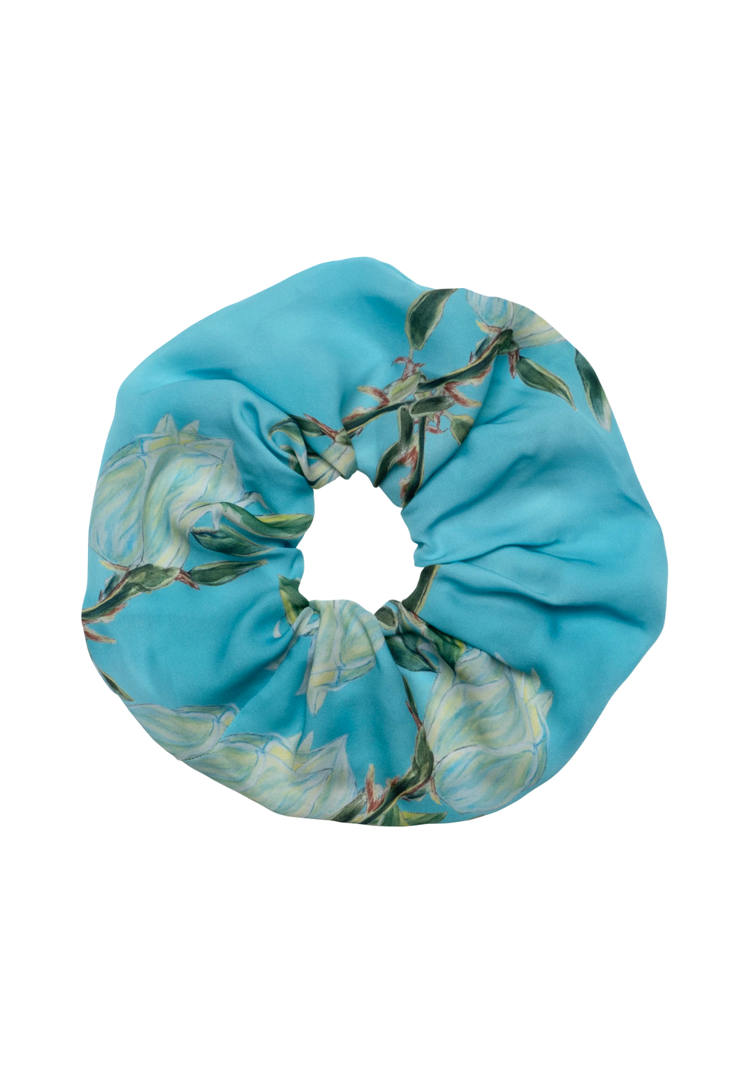 Susie printed silk scrunchie in Blooming Yucca by Ala von Auersperg