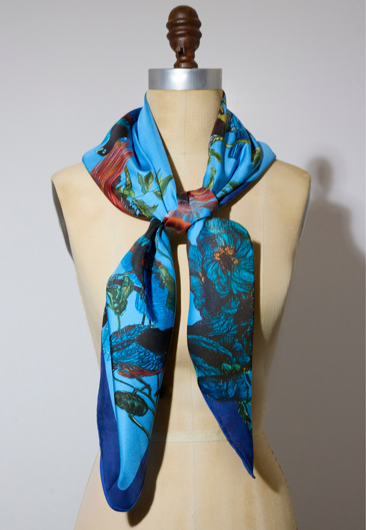 Teal Bird Bouquet handrolled Italian silk scarf