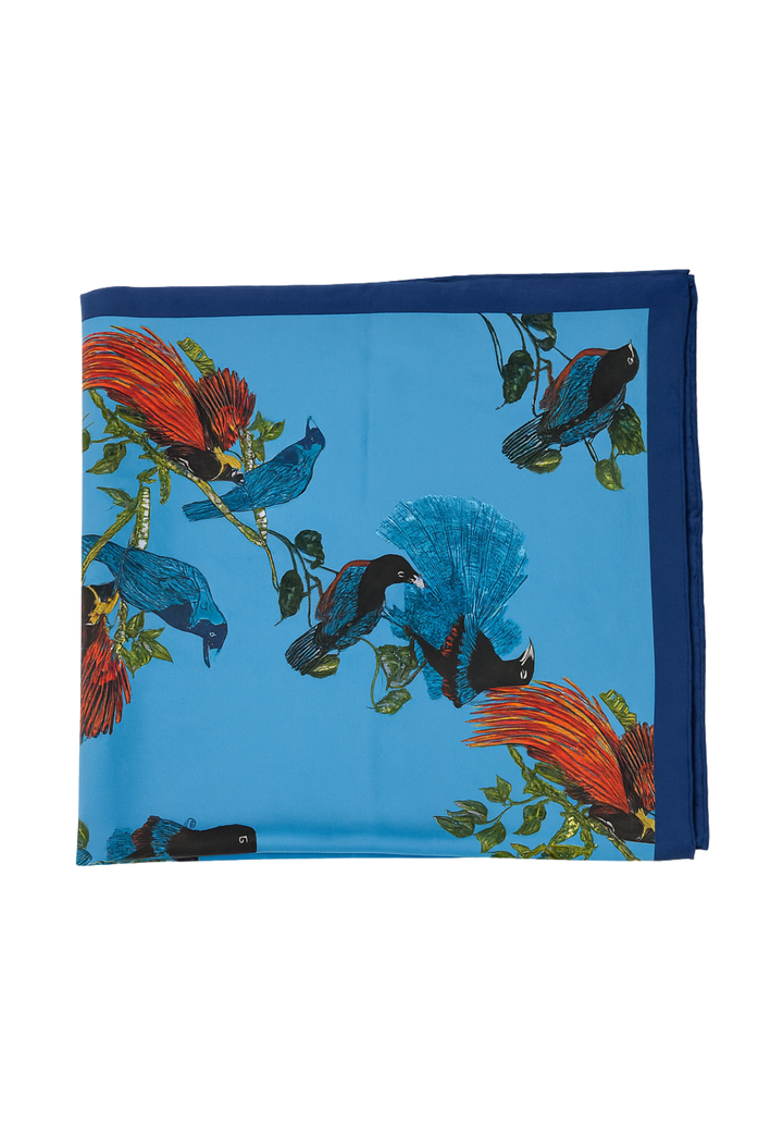 36-inch Teal Bird Bouquet handrolled silk scarf