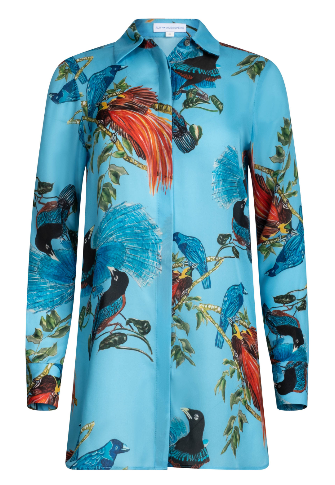 Teal Bird Bouquet silk blouse with collar and hidden placket