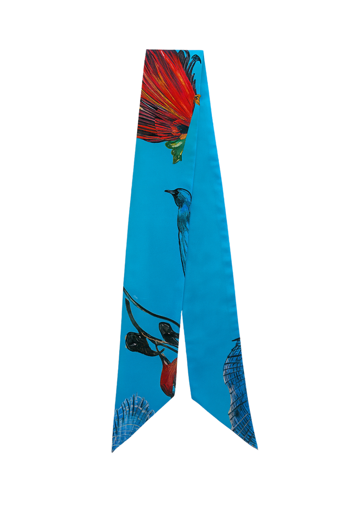 Teal bird print silk scarf by Ala von Auersperg